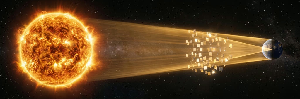 Luca's Cone — Sun–Earth light cone with a lens swarm near L1